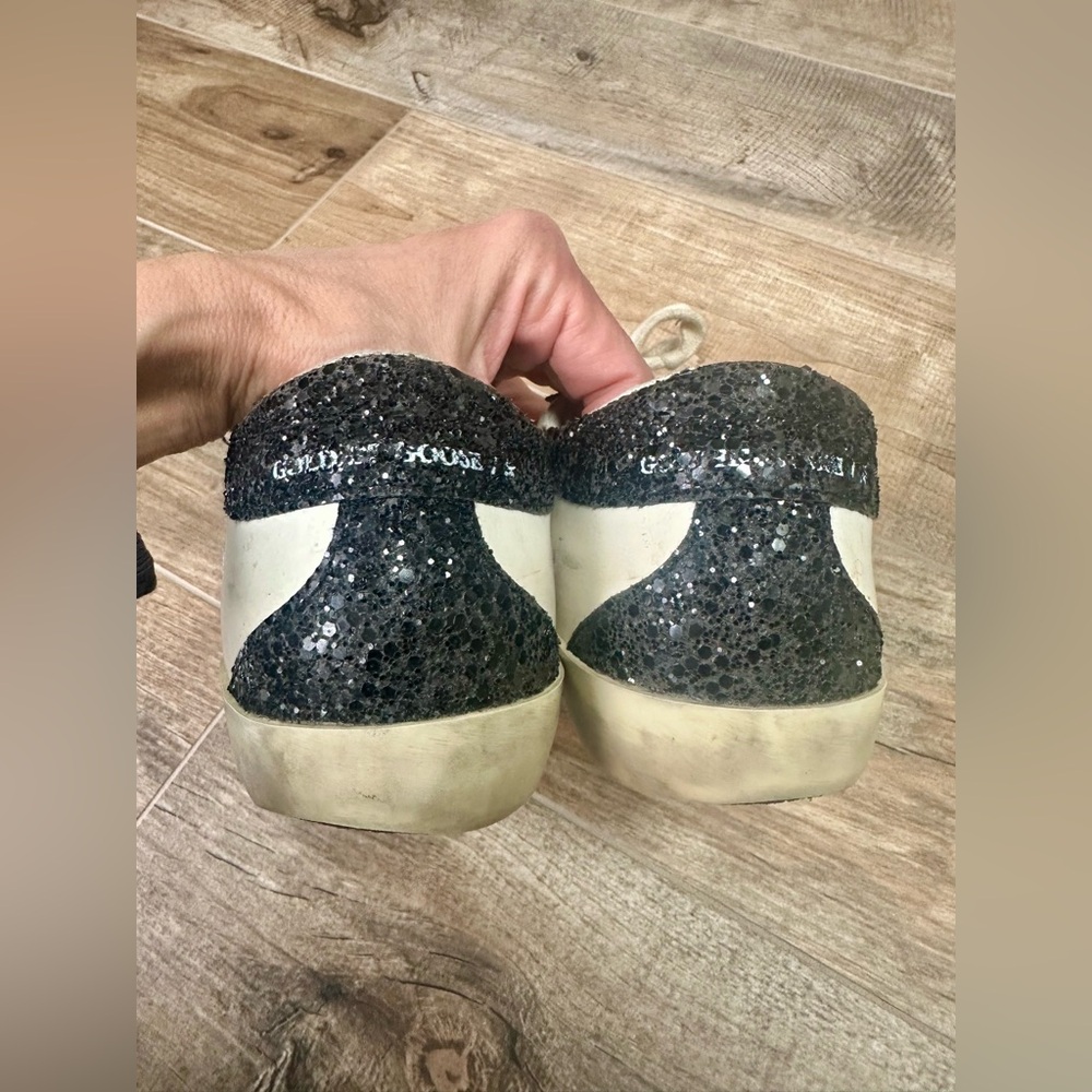Golden Goose White Leather Sneaker with Pink Glitter Star and Black Heel - Picture 7 of 9